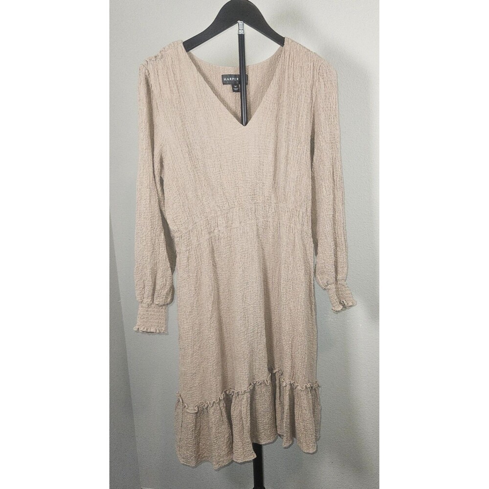 Harper‎ 241 Dress Womens Medium Beige Textured Ruffle Boho Cottagecore M